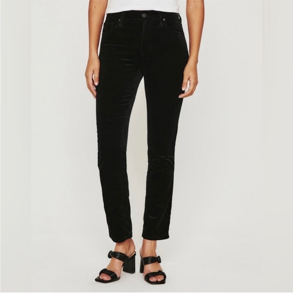 AG Mari High Rise Slim Straight black velvet pants